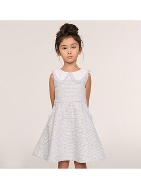 Janie & Jack Girls' White & Light Blue Tweed Dress with Peter Pan Collar